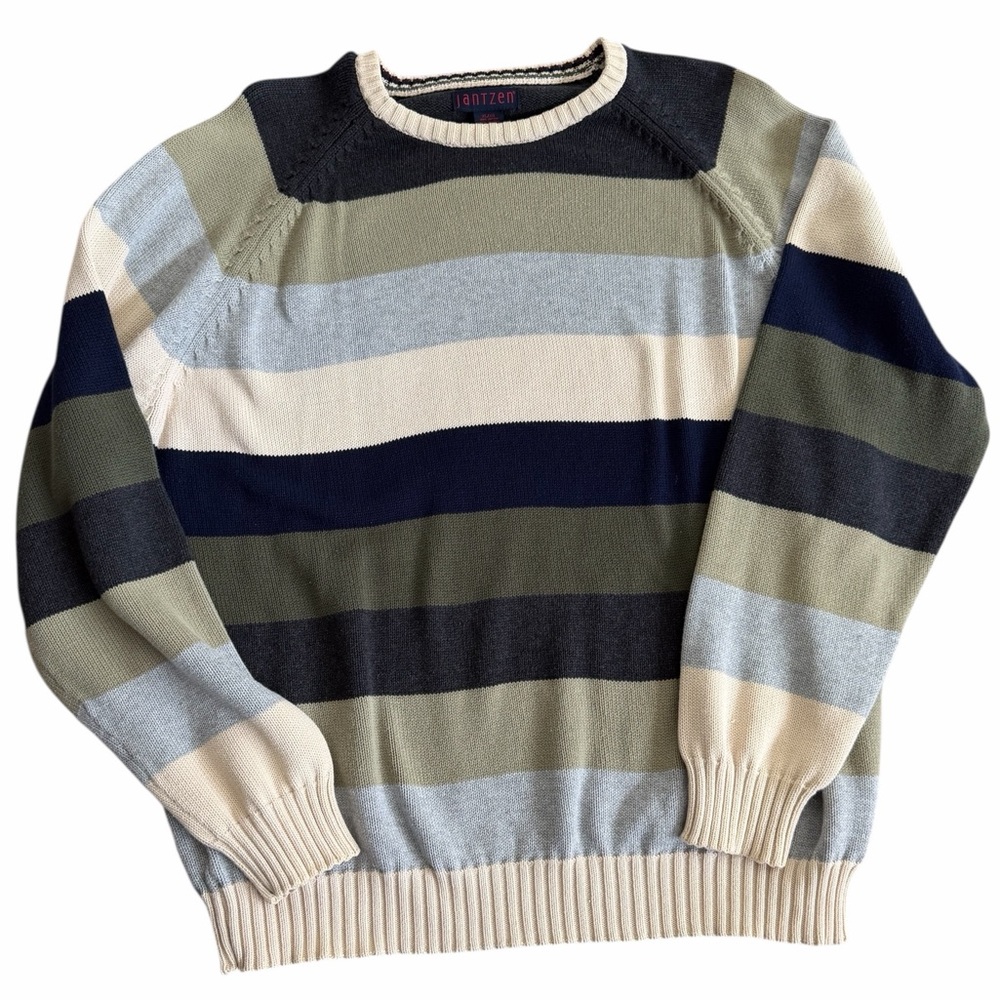 Jantzen Men’s Striped Knit Sweater Blue Green Cream Cotton Blend Size XL